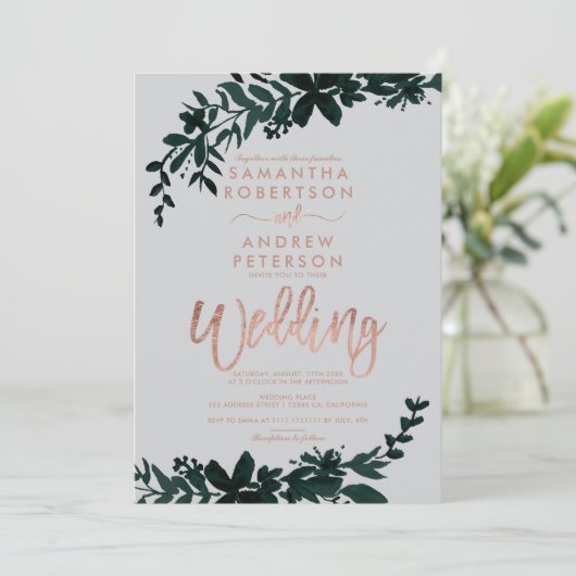 Rose Goldtypografie Blumengrau Einladung (Stehend Vorderseite)