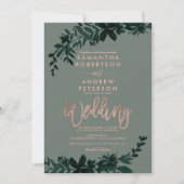 Rose Goldtypografie Blumengrün Hochzeit Einladung (Vorderseite)