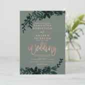 Rose Goldtypografie Blumengrün Hochzeit Einladung (Stehend Vorderseite)