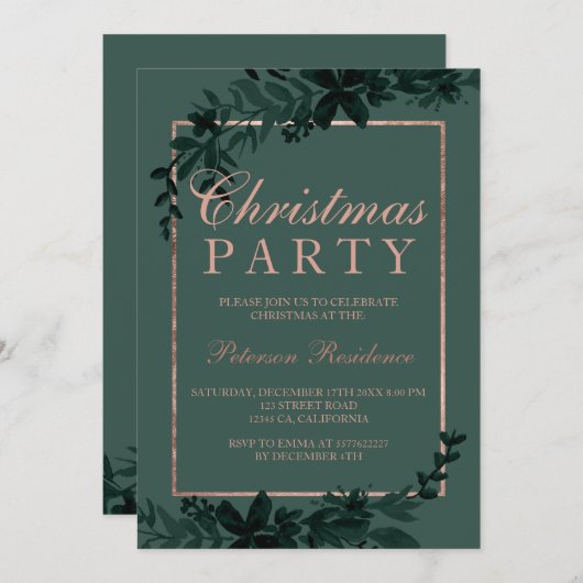 Rose Goldtypografie Blumengrün Weihnachten Einladung (Vorne/Hinten)