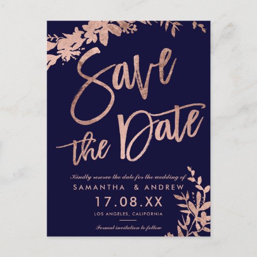 Rose Goldtypografie Blumenmarine Save the Date Ankündigungspostkarte (Vorderseite)