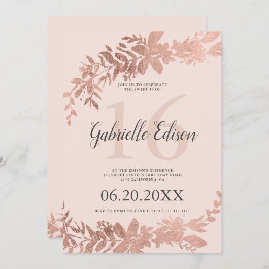 Rose Goldtypografie Blumenrot Rosa Sweet 16 Einladung (Vorne/Hinten)