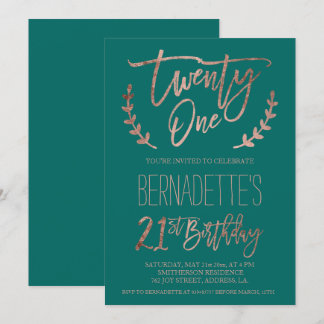 Rose Goldtypografie Federn grün 21. Geburtstag Einladung