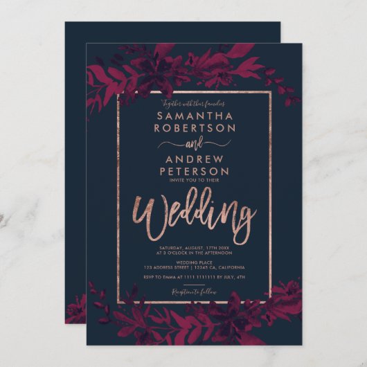 Rose Goldtypografie Flornavy Rote Hochzeit Einladung (Vorne/Hinten)