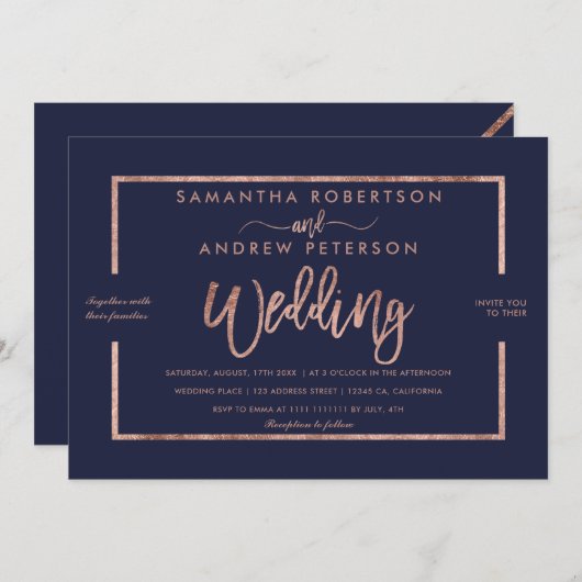 Rose Goldtypografie navy blaue schicke Hochzeit Einladung (Vorne/Hinten)