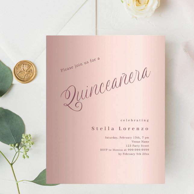 Rose Goldtypografie Quinceanera Einladung (Von Creator hochgeladen)