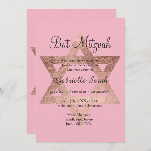 Rose Goldtypografie rosa Bat Mitzvah Einladung (Vorne/Hinten)