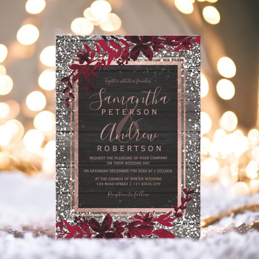 Rose Goldtypografie Rot-Blatt-Schnee-Hochzeit Einladung