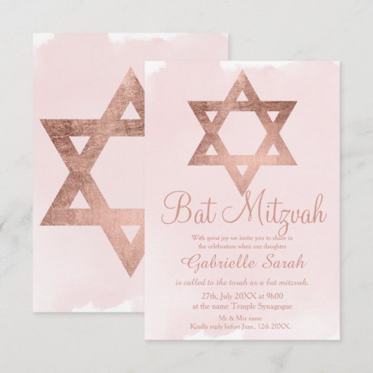 Rose Goldtypografie rot Rosa Bat Mitzvah Einladung (Vorne/Hinten)