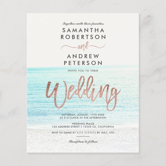 Rose Goldtypografie Strand Foto Budget Hochzeit (Vorderseite)