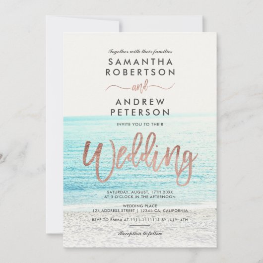 Rose Goldtypografie Strand Foto Hochzeit Einladung (Vorderseite)