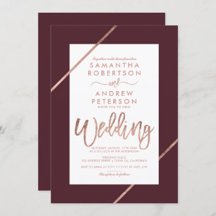 Rose Goldtypografie Streifen Bordeaux Hochzeit Einladung