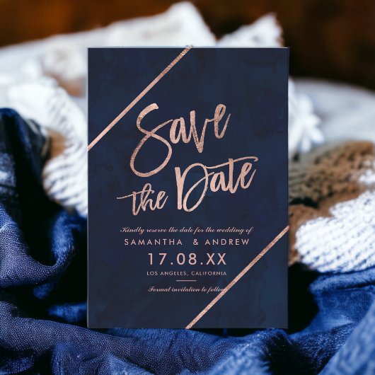Rose Goldtypografie Streifen Marine Save the Date