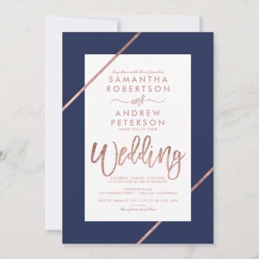 Rose Goldtypografie Streifen navy blauen Hochzeit Einladung (Vorderseite)