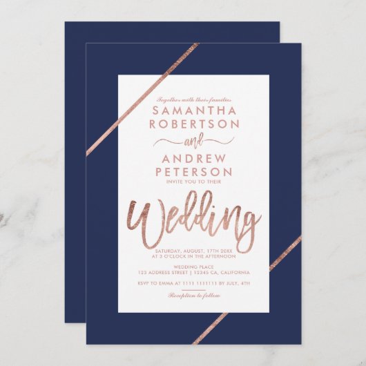 Rose Goldtypografie Streifen navy blauen Hochzeit Einladung (Vorne/Hinten)