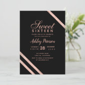 Rose Goldtypografie Streifen Sweet 16 Party Einladung (Stehend Vorderseite)