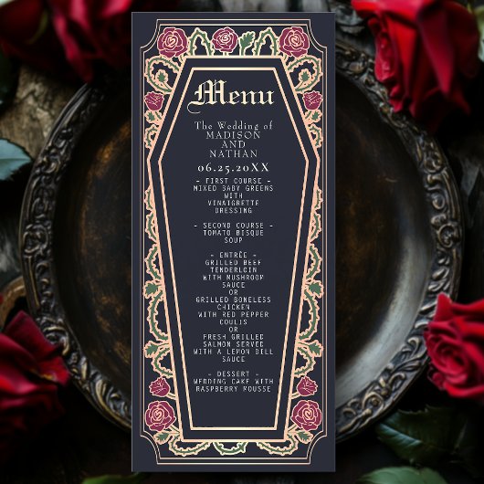 Rose Gothic Coffin Rose Blue Wedding Menu Menükarte