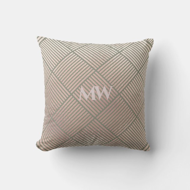Rose Graues geometrisches Monogramm Muster Kissen (Vorderseite)