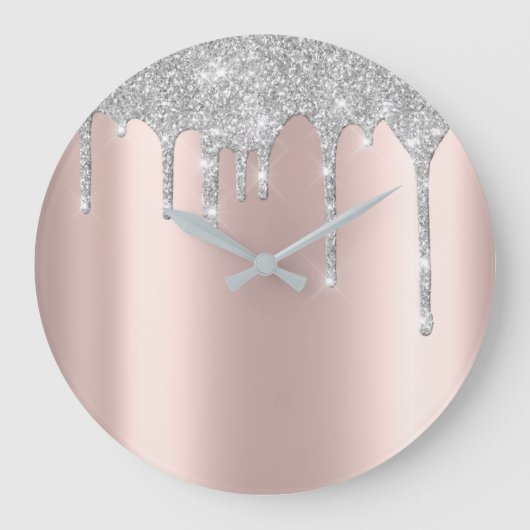 Rose Gray Metal Spark Glitter Drip Blush Glitter Große Wanduhr (Vorderseite)