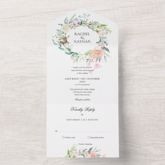 Rose Greenery Floral Monogram Wedding All In One Einladung (Innen Boden)