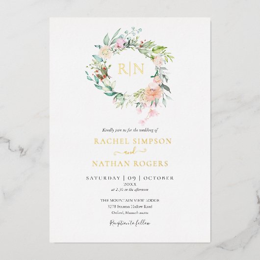 Rose Greenery Floral Wedding Monogram Gold Folieneinladung (Vorderseite)