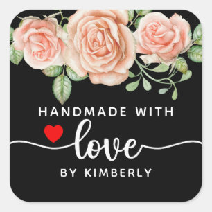 Rose handgefertigt mit Liebe Schwarz Quadratischer Aufkleber