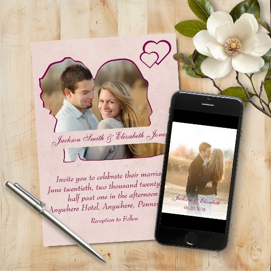 Rose Herz Braut und Groom Form Foto Hochzeit Einladung