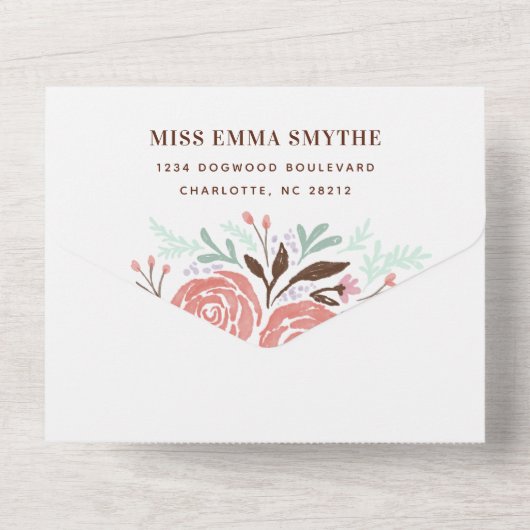 Rose Hochzeit in antiken Rosa All In One Einladung (Rückseite)