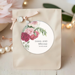 Rose Hochzeit in Rosa und Marsala Runder Aufkleber