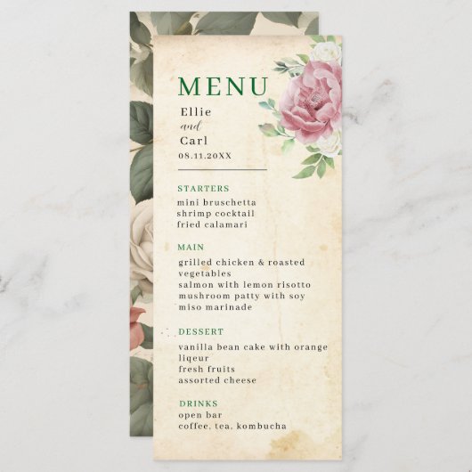 Rose-Hochzeit Menükarte (Vorne/Hinten)