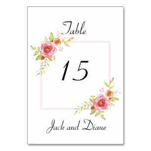 Rose Hochzeit mit Aquarellblumen Tischnummer