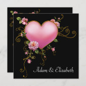 Rose Hochzeit Pink Heart Black Gothic Hochzeit Einladung (Vorne/Hinten)
