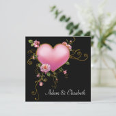 Rose Hochzeit Pink Heart Black Gothic Hochzeit Einladung (Stehend Vorderseite)