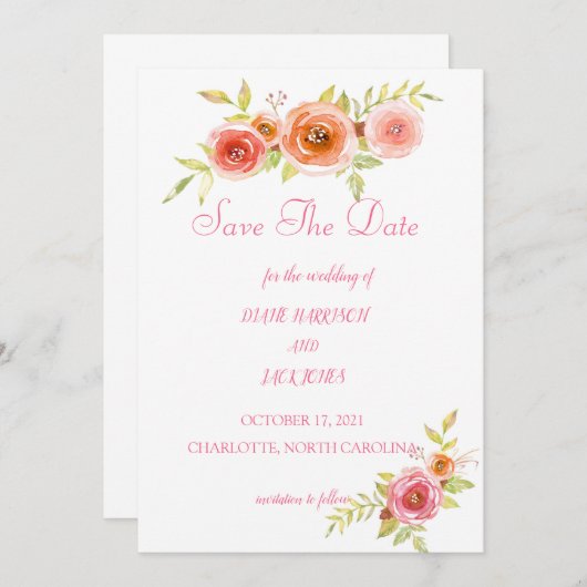 Rose Hochzeit von Aquarellblumen speichern das Dat Einladung (Vorne/Hinten)