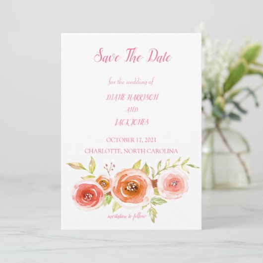 Rose Hochzeit von Aquarellblumen speichern das Dat Einladung (Stehend Vorderseite)