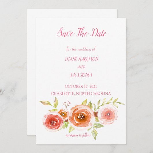 Rose Hochzeit von Aquarellblumen speichern das Dat Einladung (Vorne/Hinten)