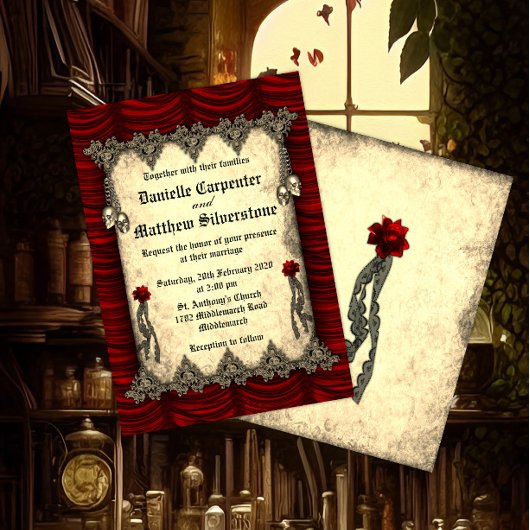 Rose Hochzeit von Roter Seide und Goldene Schädel Einladung