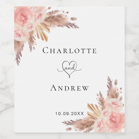 Rose Hochzeitpampas Weinetikett (Einzelnes Label)