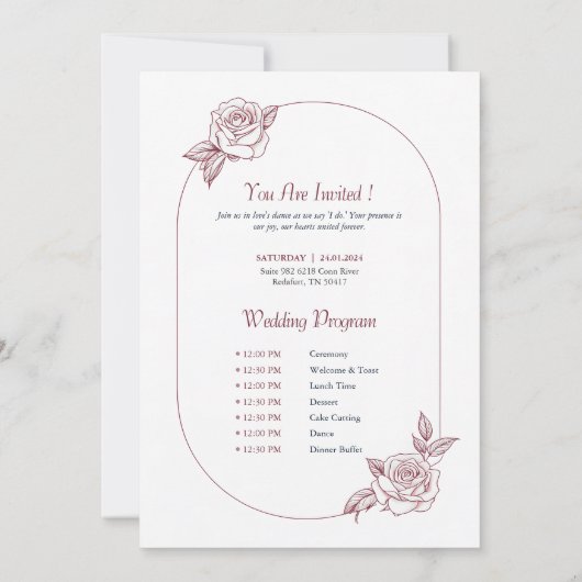 Rose Hochzeitseinladung und Programm (Rückseite)