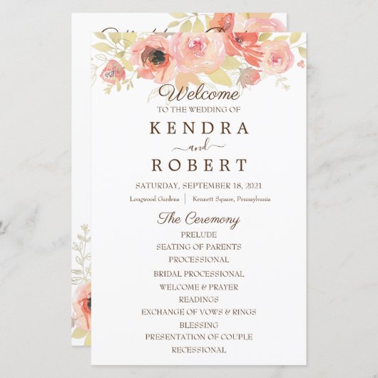 Rose Hochzeitsprogramm für Korallen (Vorne/Hinten)