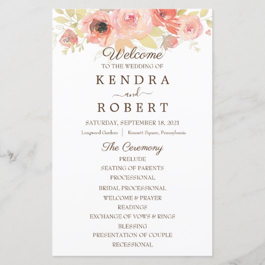 Rose Hochzeitsprogramm für Korallen (Vorderseite)