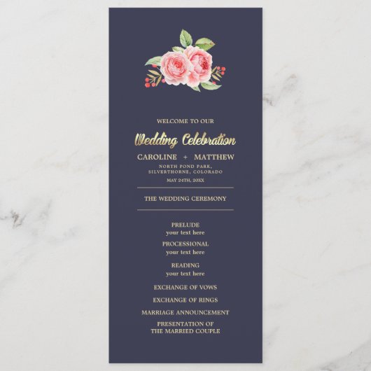 Rose | Hochzeitsprogramme für Navy Blue Programm (Vorderseite)