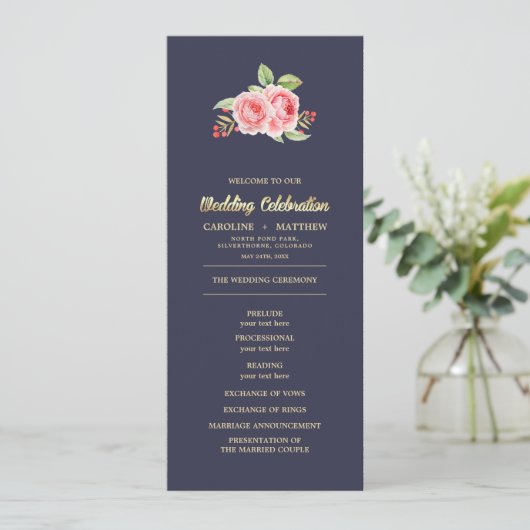 Rose | Hochzeitsprogramme für Navy Blue Programm (Stehend Vorderseite)