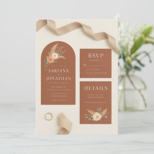 Rose Hochzeitssammlung Set | Terracot Einladung (Stehend Vorderseite)