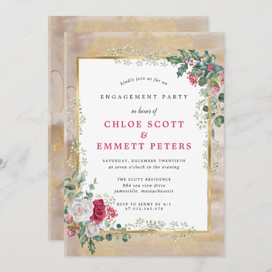 Rose Holly Gold Engagement Party Einladung (Vorne/Hinten)