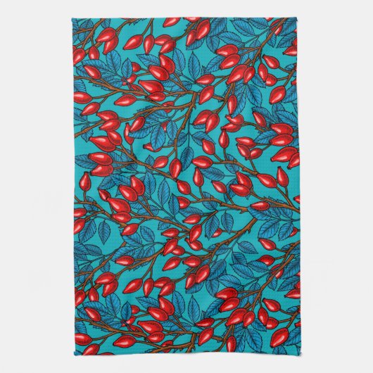 Rose Hüften, rot und blau Geschirrtuch (Vertikal)