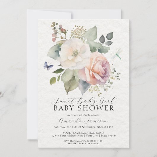Rose Hütte Garden Bouquet Pink Baby Girl Einladung (Vorderseite)