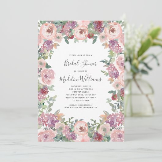 Rose Hydrangea Bridal Dusche Einladung (Stehend Vorderseite)