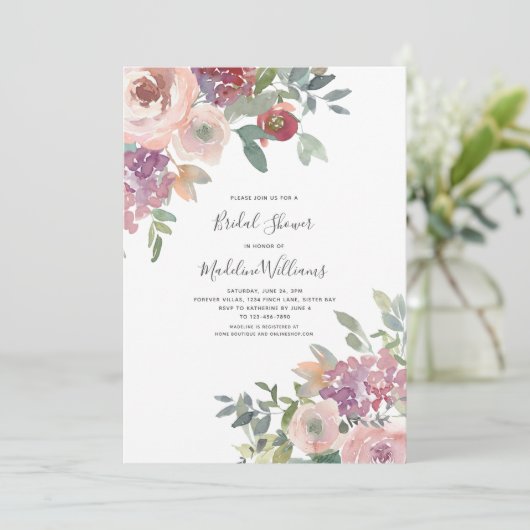 Rose Hydrangea Bridal Dusche Einladung (Stehend Vorderseite)
