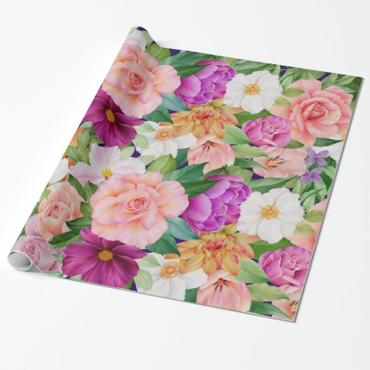 Rose im Blumengarten Wasserfarben Cosmos Geschenkpapier (Ungerollt)